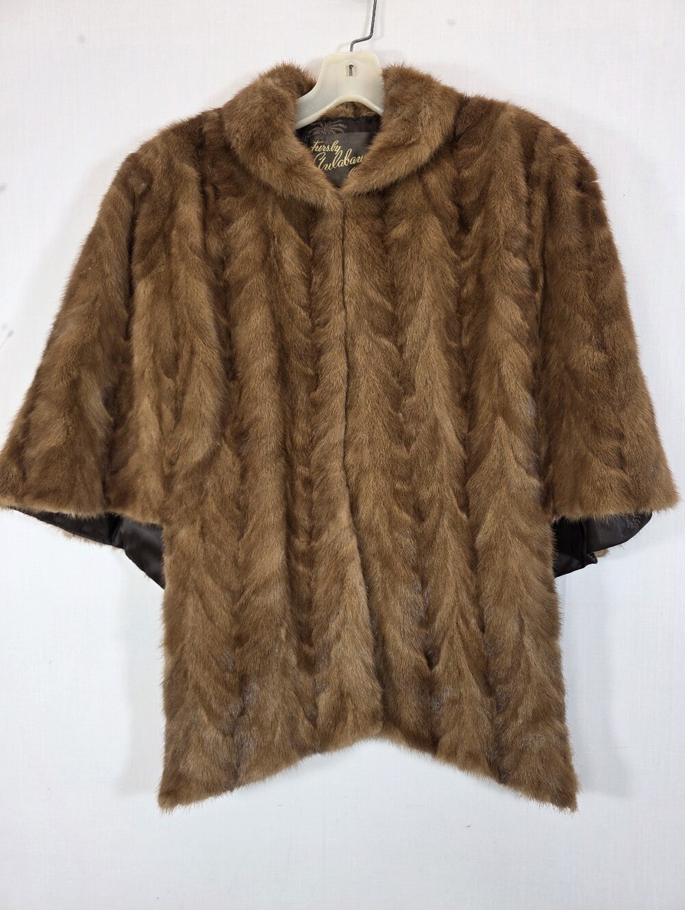 Vintage Real Mink Fur Capelet Shawl Wrap Jacket Brown Palm Satin Lining OS